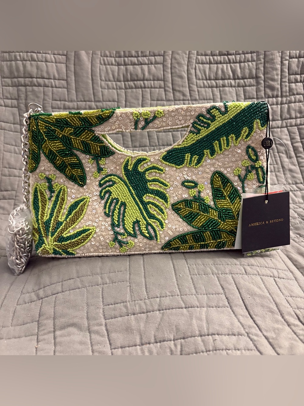 America and Beyond Beaded Hand Bag Tropical Leafs Green Crossbody Purse NWT